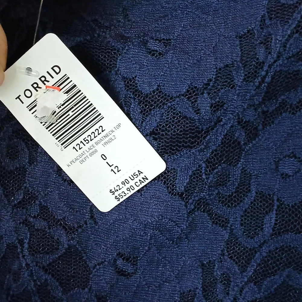 Torrid NWT Navy Blue Lace Boatneck Top Lace Long Sleeves Size 0 Large - Picture 9 of 11